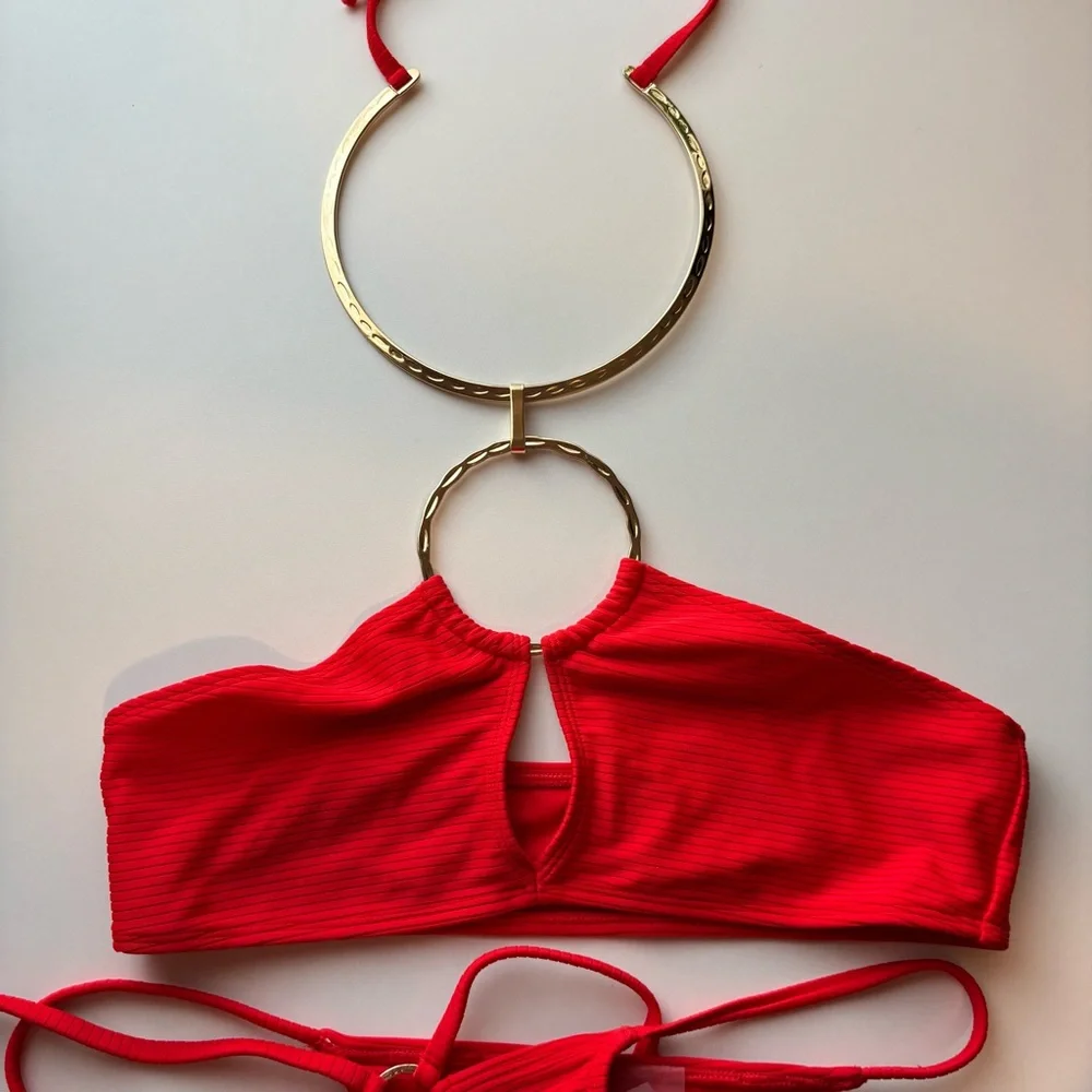 New Beach Bunny Simone Bikini Set S Red Collar Top Luxe Swim Statement Glam - Picture 7 of 10